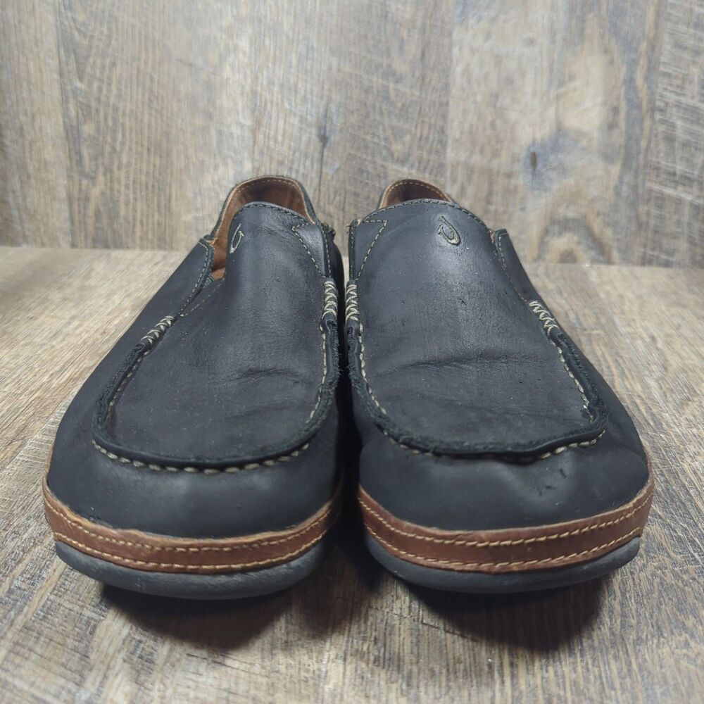 Olukai Moloa Shoes Men's Size 10.5 Black Leather Comfort Casual Loafers Moc - Picture 3 of 13